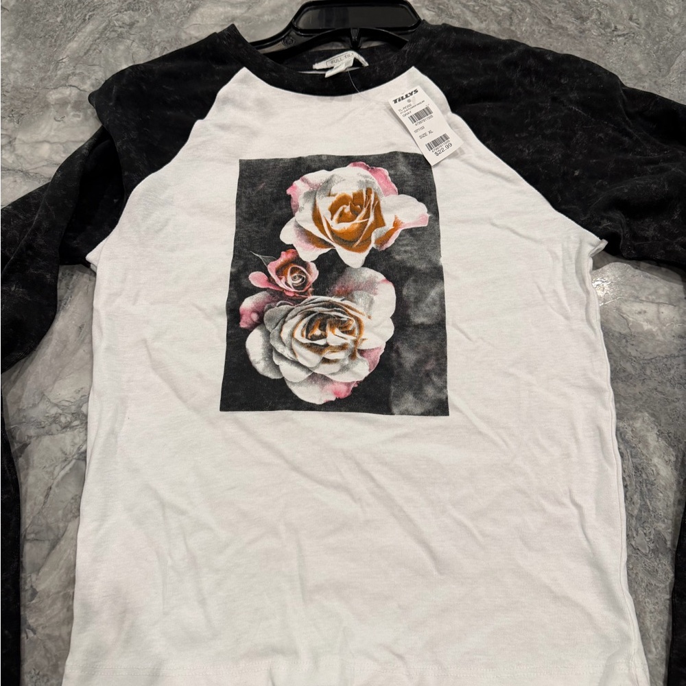 Full Tilt Black and White Long Sleeve Tee with Floral Design from Tilly’s - NEW